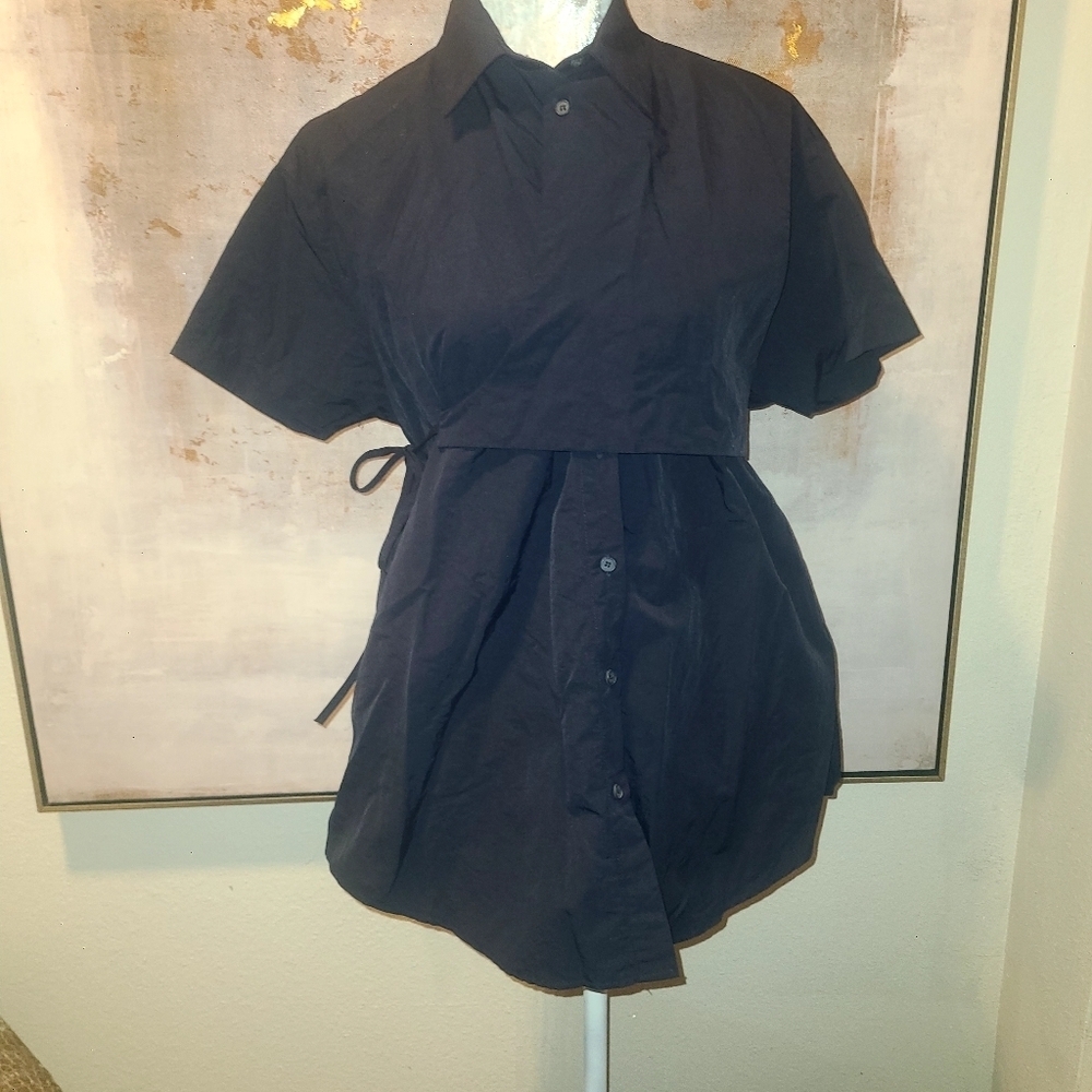 Black Oversized Boxy Tie Front Blouse